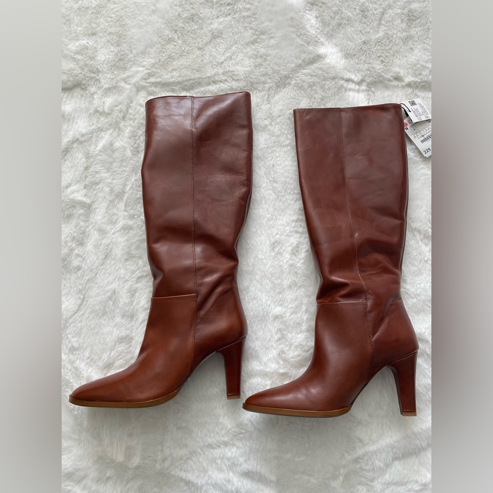 ZARA genuine leather knee high heeled boots